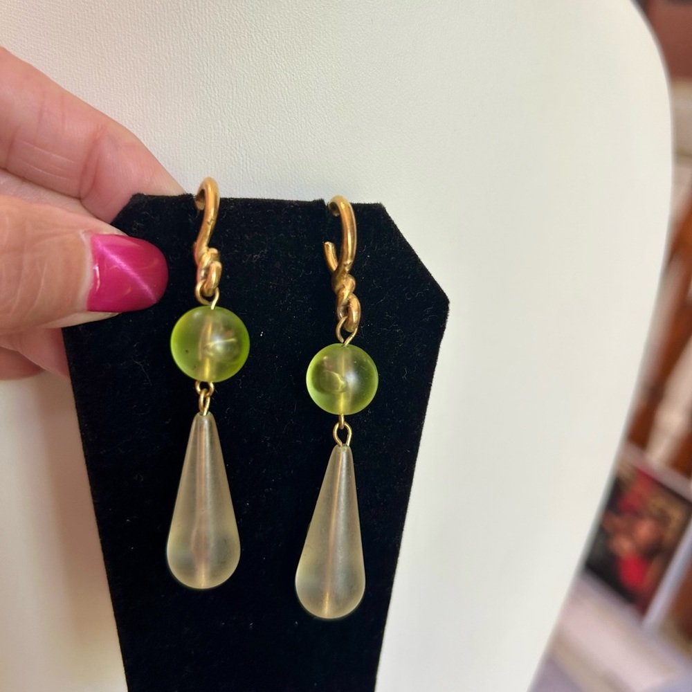Gold-Tone Earrings with Lime Green Bead and Frosted Teardrop Pendants